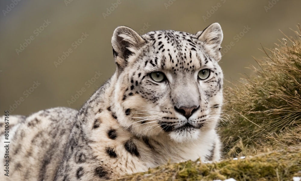 an outdoor shot of a white and black spotted snow leopard lying on a rock an outdoor shot of a white and black spotted snow leopard lying on a rock