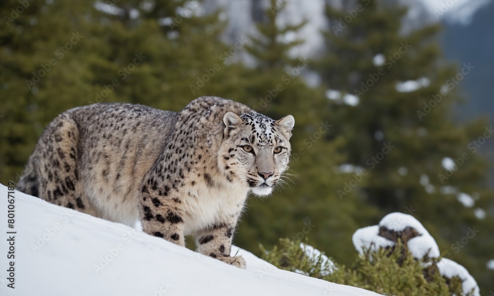 a majestic snow leopard in its natural habitat looking with piercing eyes at its prey in the snowy mountains. a majestic snow leopard in its natural habitat looking with piercing eyes at its prey in the snowy mountains.