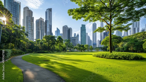 A park in the middle of a big city with skyscrapers