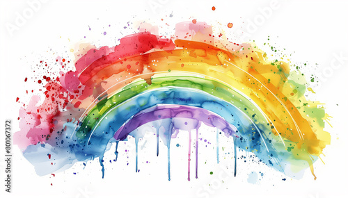 Watercolor rainbow on a white background with splashes.