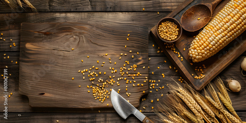 Corn composition on wood background, Composition of corn seeds and groats on wooden table photo