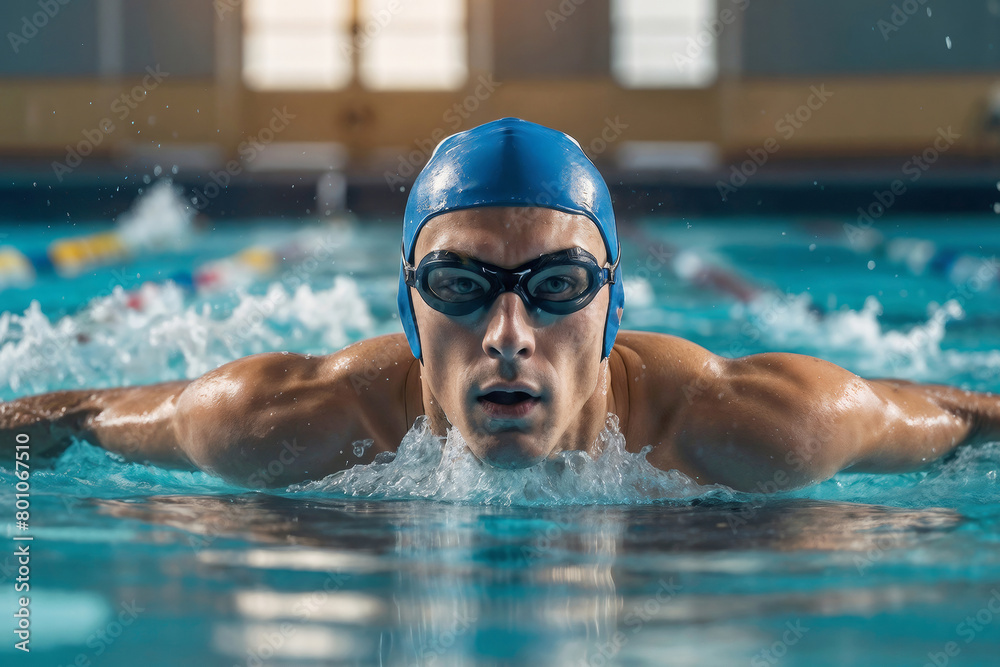 European male swimmer swimming in the pool. Portrait of a male professional swimmer using the Butterfly style