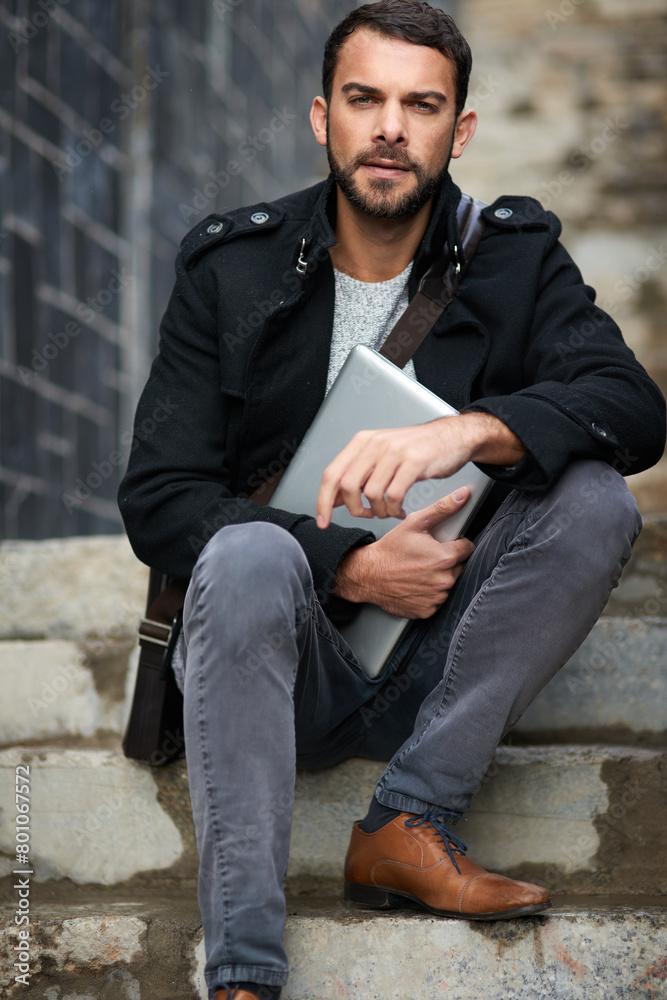 © peopleimages.com - Man, portrait and computer on stairs for remote work, email, and research for writing. Creative, male person and copywriter with laptop for freelance articles or blog outdoors in urban New York © peopleimages.com - Man, portrait and computer on stairs for remote work, email, and research for writing. Creative, male person and copywriter with laptop for freelance articles or blog outdoors in urban New York