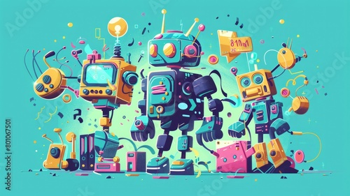 Three robots are standing next to each other on a green background