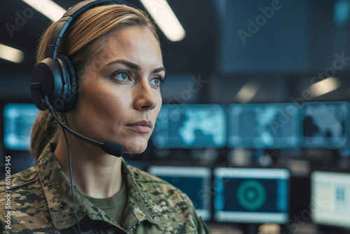 Serious female military surveillance officer in headset working in the central army office for cyber operations, army call center