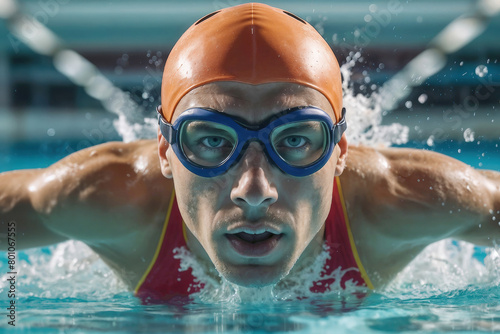 European male swimmer swimming in the pool. Portrait of a male professional swimmer using the Butterfly style © polack