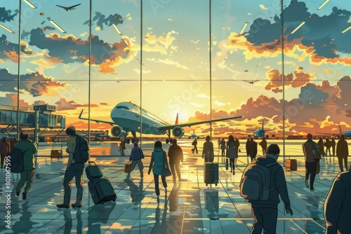 Travelers walk through a bustling airport terminal, illuminated by vibrant, futuristic digital flight information screens.