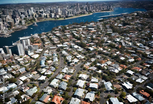 'blue aerial residential helicopter sky cloudy suburbs CBD surrounding city sydney view Sydney Suburb Aerial City Australia Residential View Land Cbd Street Development Downtown Urban Office Tower' photo