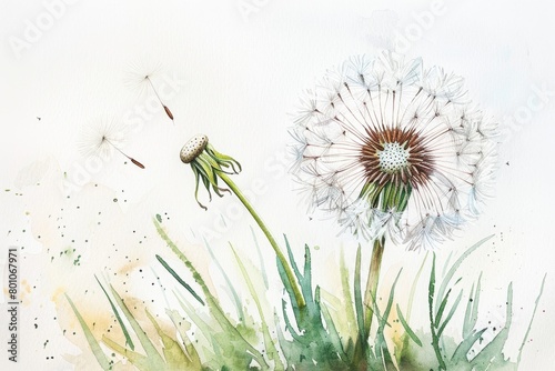 Dandelion Watercolor Botanical Illustration - Blowball Flower in Painting Drawing with Vignetting