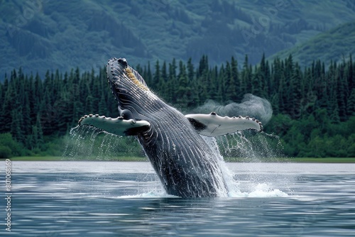 Humpback Whale Breaching . Impressive Display of Power and Beauty © Popelniushka