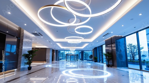 
Imagine a modern circular LED lighting chandelier suspended from the ceiling of a sleek and contemporary commercial building. Its clean lines  photo