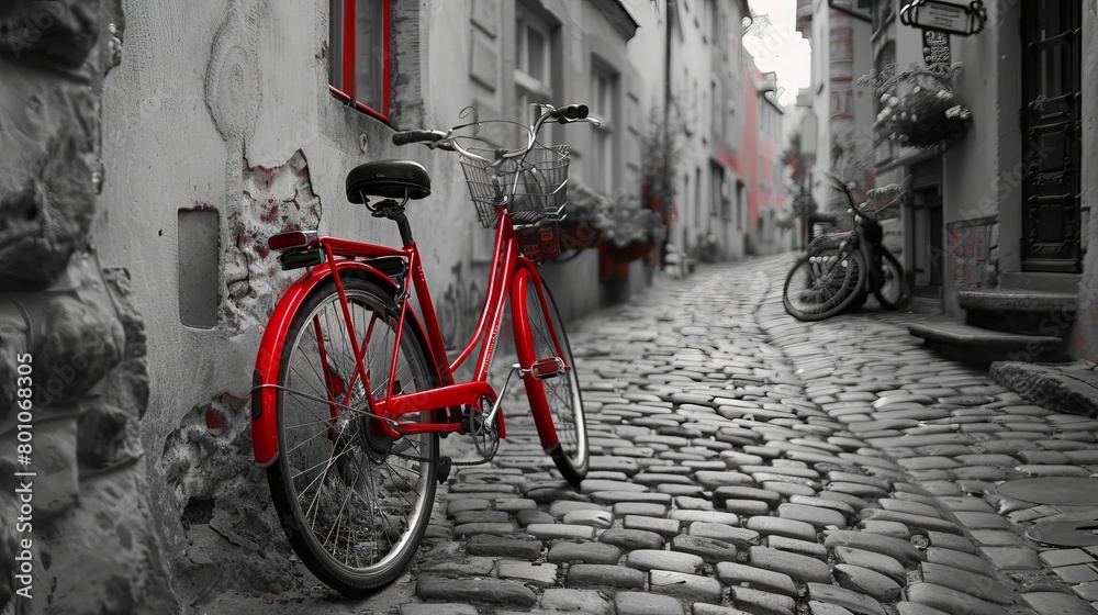 Visualize a retro vintage red bike parked on a cobblestone street in the heart of the old town. The image is rendered in black and white, enhancing the nostalgic charm of the scene