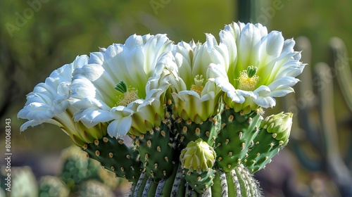 Picture the iconic saguaro cactus in bloom, proudly displaying its state flower of Arizona. Each spring, the saguaro's arms are adorned with bright white flowers, photo