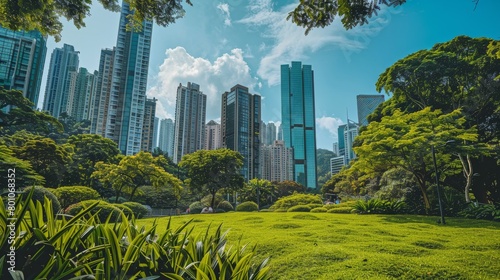 City park with lush foliage and skyscrapers in the background