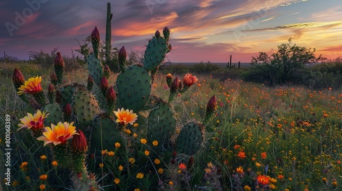 Visualize the enchanting beauty of a Texan sunset, where flowering cacti and Indian blanket wildflowers paint the landscape with vibrant hues. photo