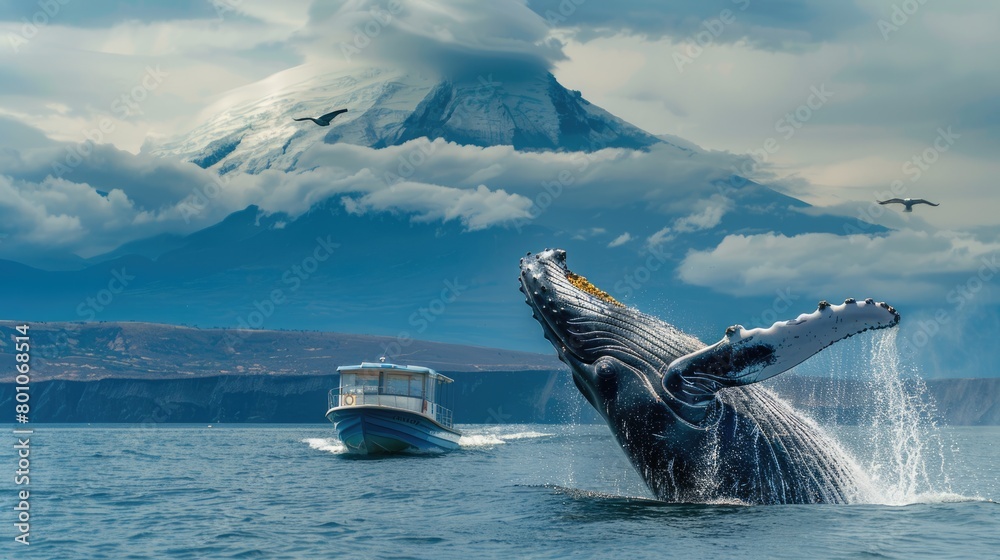 Fototapeta premium Beautiful Humpback Whale Breach in Blue Ocean