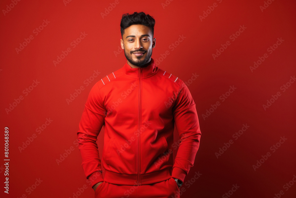 Obraz premium Young and stylish man in tracksuit on red background