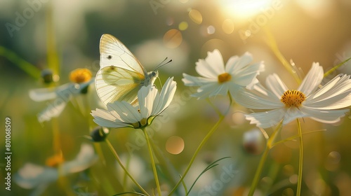 Spring morning, white cosmos flower and butterfly in a meadow in nature , A colorful artistic image with a soft focus, beautiful bokeh, idyllic pastoral landscape.