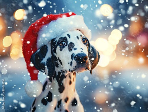 cute puppy Dalmatian Dog in a Santa Claus hat in the forest. Black and white spotted Dalmatian dog wearing a red hat.