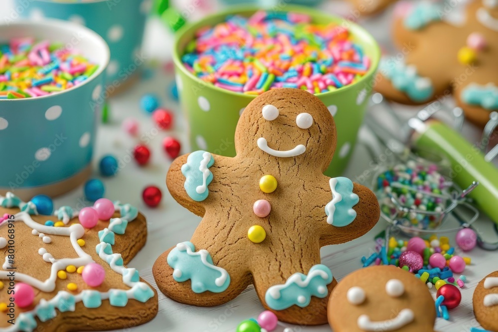 Festive holiday baking scene with a focus on decorating gingerbread cookies, featuring colorful icings and holidaythemed sprinkles on a cheerful kitchen table, Festive holiday baking scene with a focus on decorating gingerbread cookies, featuring colorful icings and holidaythemed sprinkles on a cheerful kitchen table,