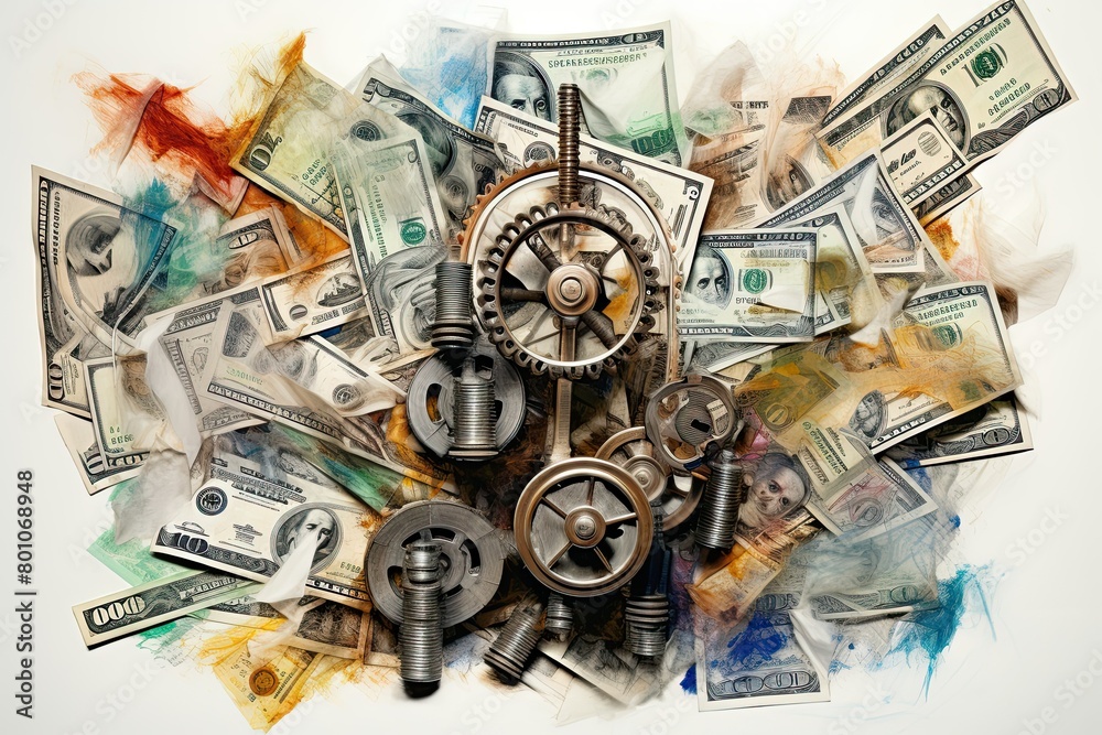 A collage featuring a combination of money bills and mechanical gears on a white background. Generative AI A collage featuring a combination of money bills and mechanical gears on a white background. Generative AI