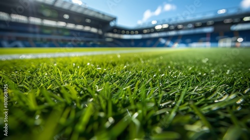 Close up of a vibrant green soccer field in a European stadium, showcasing the grid-like pattern of the turf