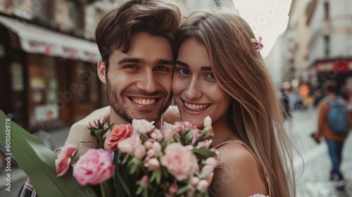 Picture showing young couple with flowers dating in the city