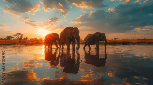 Elephant Family Drinking at a Water Hole Wide Angle Shot with Big Sky Reflections in the Water © Mike Walsh