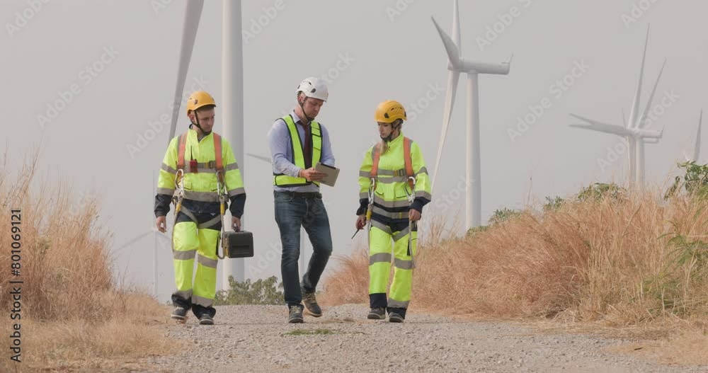 Engineers and inspector team wearing uniforms and helmets with equipment walking exploring and repairing electric wind turbines which are renewable energy for communities and agriculture. 4k video