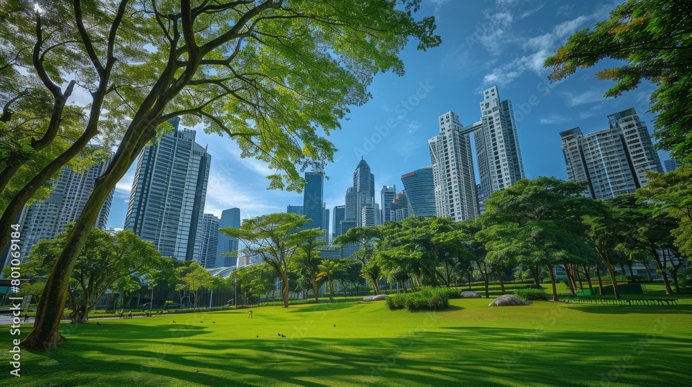A park in the middle of a city with skyscrapers