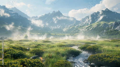 meadow with a stream flowing and mountain background