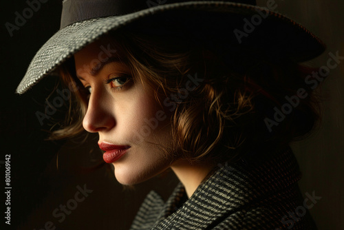 Retro film noir grainy composition of young charming girl from 1980s retro effect generative AI