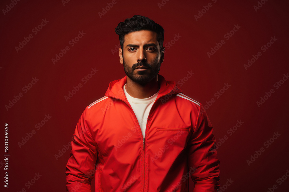 Young and stylish man in tracksuit on red background