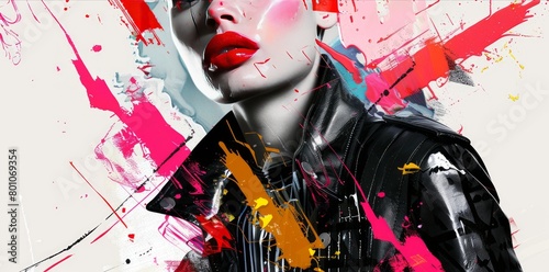 abstract collage of a fashion young model girl posing on camera, short haircutand vibrant make up, red lips and rock style, colorful bright background	

