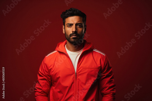Young and stylish man in tracksuit on red background