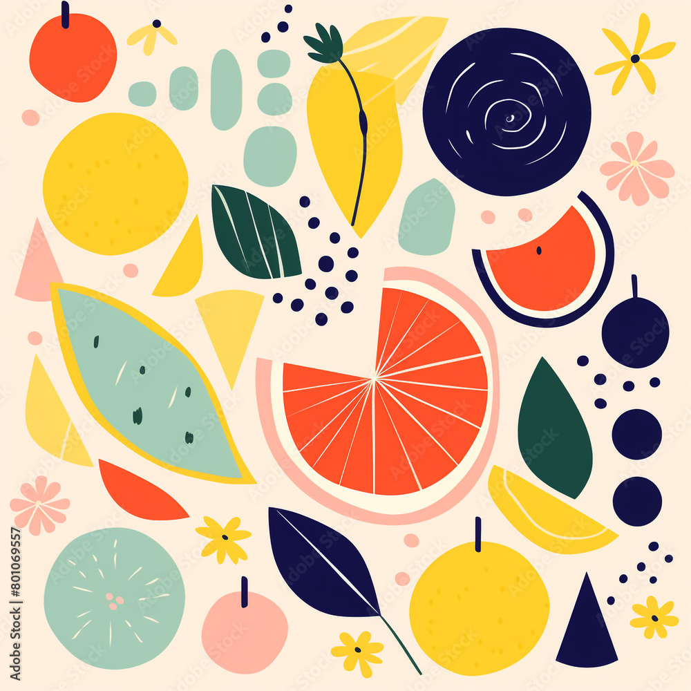 Flat minimalist geometric fruit and leaf artwork Flat minimalist geometric fruit and leaf artwork
