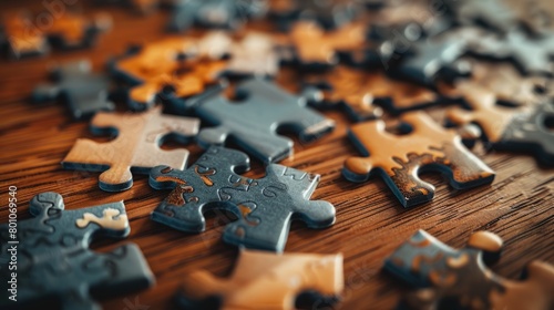 Many puzzle pieces scattered on a wooden table, with selective focus on a single piece. Interlocking shapes create a visually appealing pattern