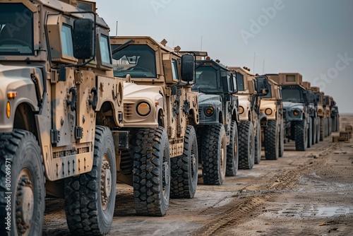 A row of military trucks parked neatly along a dirt road, ready for deployment by the military logistics units. Generative AI