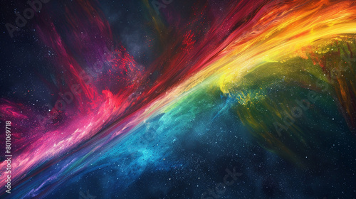 Cascading rainbow ribbons of light weaving through space  creating an otherworldly spectacle against a blank canvas.