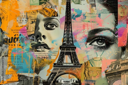 pop art illustration collage style of Tour Eiffel, Paris city symbol , travel destination concept 