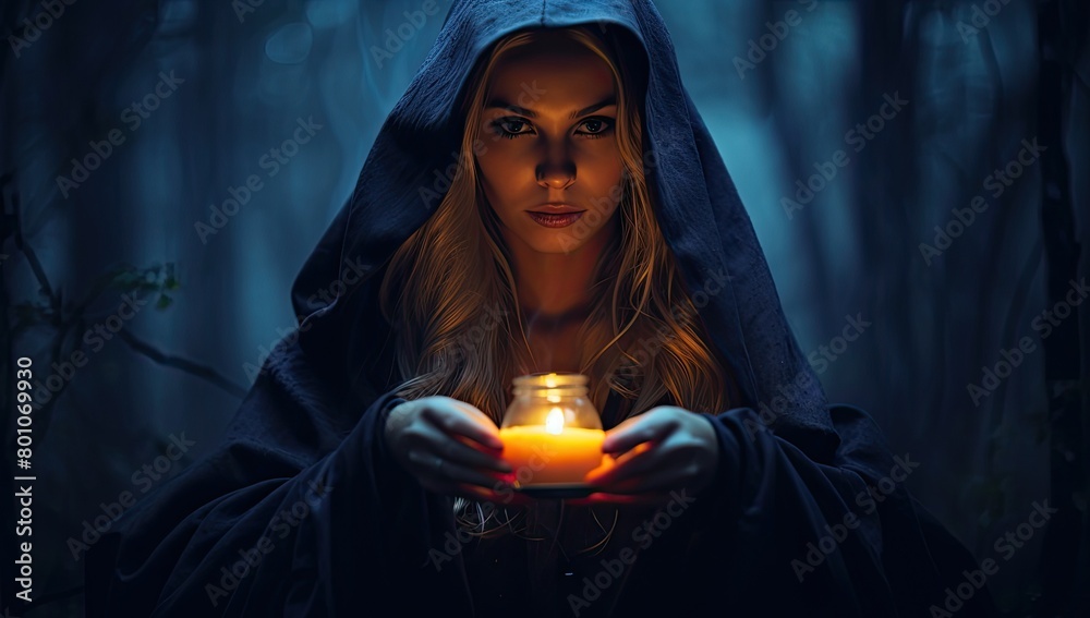 A woman is holding a candle in a dark forest A woman is holding a candle in a dark forest