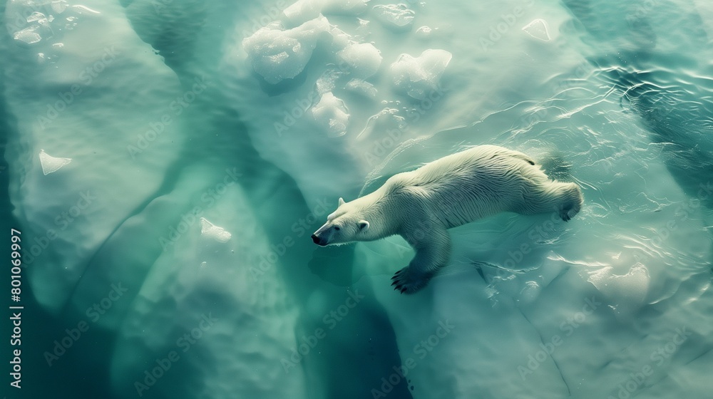 A solitary polar bear swimming in the water