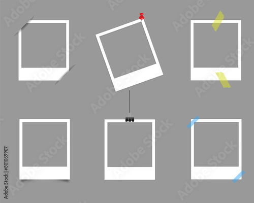 Set of polaroid realistic vector photo frames on sticky tape, with buttons and clothespin on gray background. Photo template design. Vector illustration