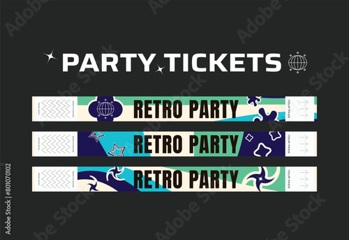 A vector set of control bracelets for a club, disco, concert, festival, event, pass to the fan zone, party in y2k style. Mockup of a bracelet in a futuristic style. Ticket for a festival
