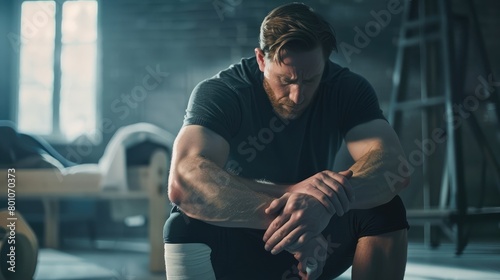 Man sitting down with knee and elbow pain, joint pain and arthritis concept, inflammation, copyspace photo
