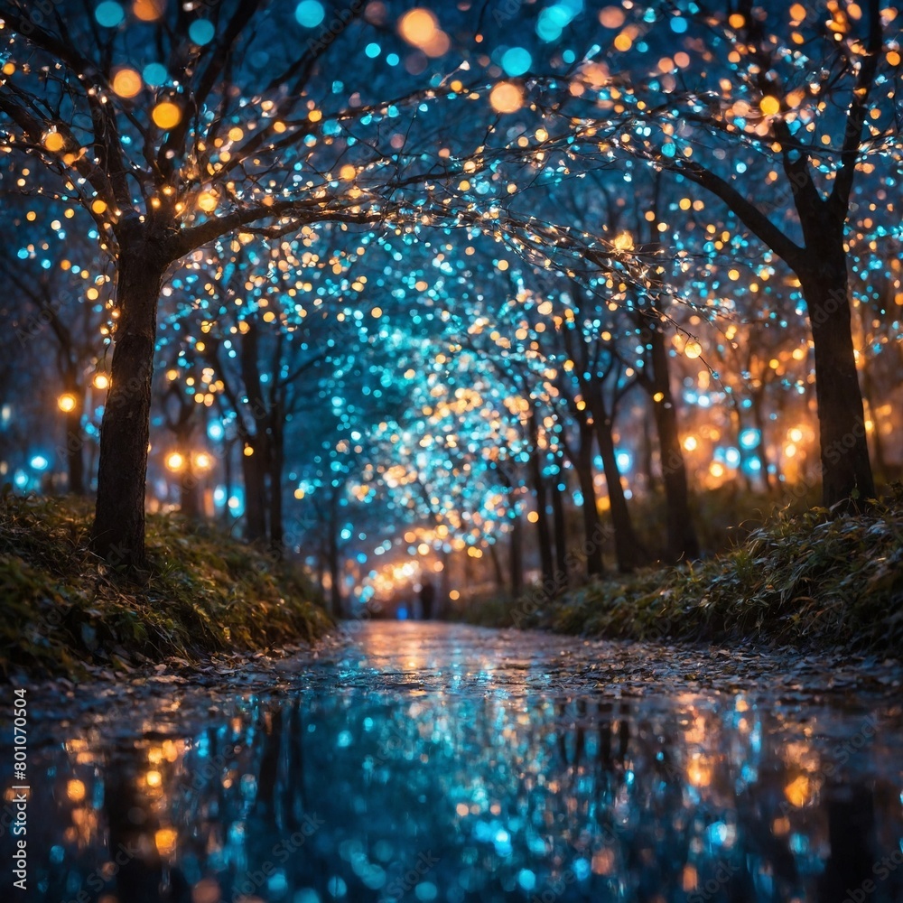 Path winds through park at night, illuminated by strings of blue, yellow lights hanging from trees. Lights reflect in puddles on path, creating magical, festive atmosphere.