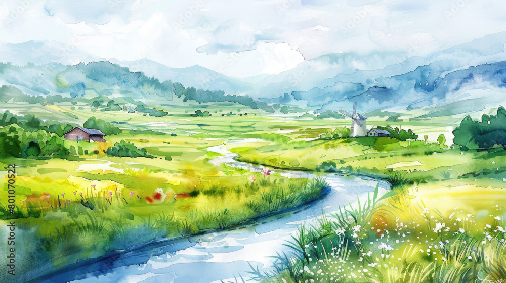 Obraz premium Watercolor painting depicting the beauty of a calm river winding through a green valley, flanked by traditional windmills and fields of blooming flowers