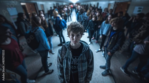 A teenage boy stands in a crowded school hallway as his peers gather around him, creating a bustling atmosphere photo