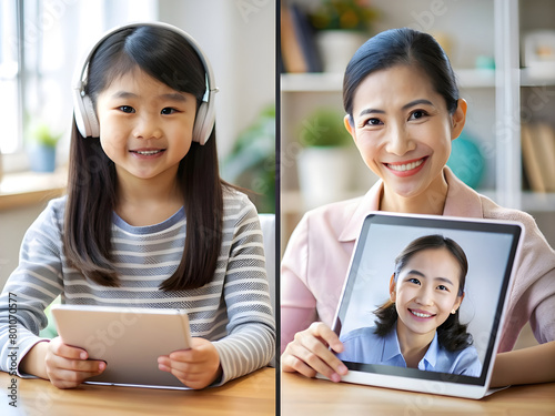 Mother and asian kid little girl learning and looking at laptop computer making homework studying with online education e-learning system.children video conference with teacher tutor at home