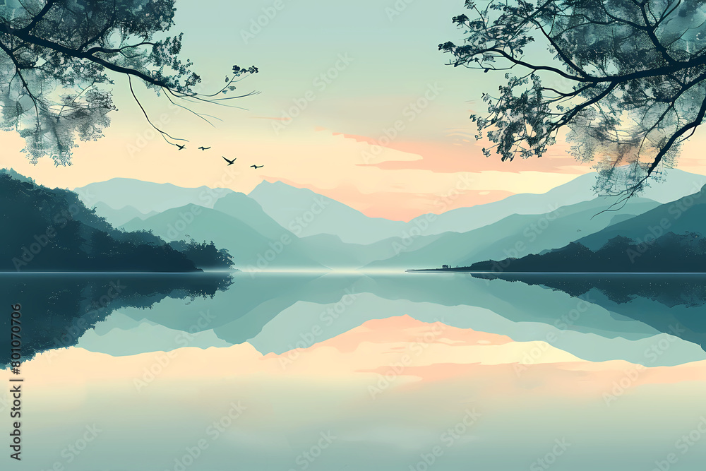 calm lake with a minimalist background illustration